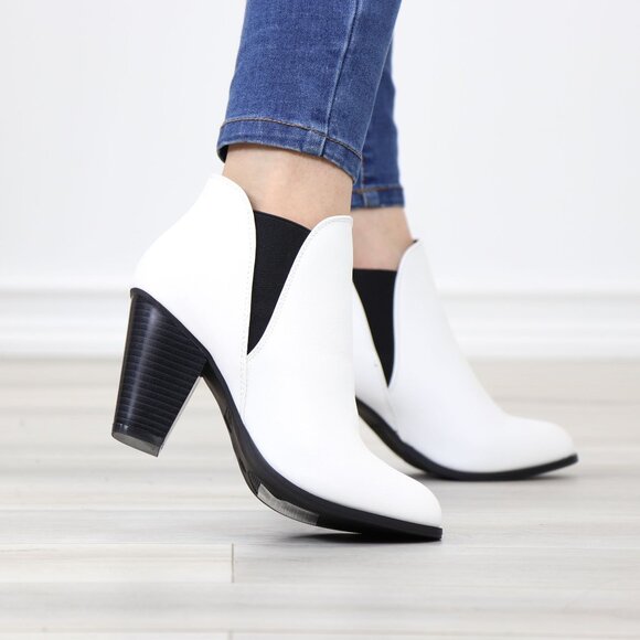 White Ankle Boots Pointed Toe Slip-On Black Elastic Block Heel Booties - Picture 6 of 12